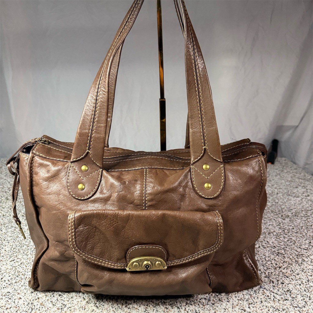 Fossil Satchel Shoulder Bag Womens Medium Brown Zip Top Front Flap Pocket